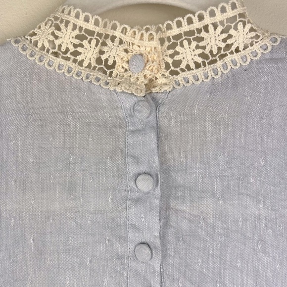 Zara Prairie Cottagecore Linen Crocheted Lace Trim Long Sleeve Blue Top Blouse M - Picture 5 of 14